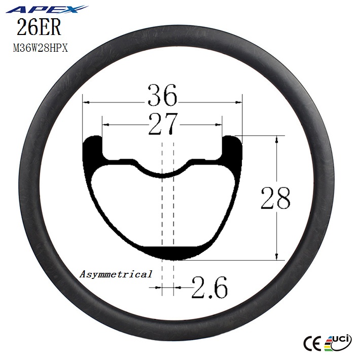 26er Asymmetrical down hill DH carbon fiber mountain bike rims MTB carbon rim M36W28H